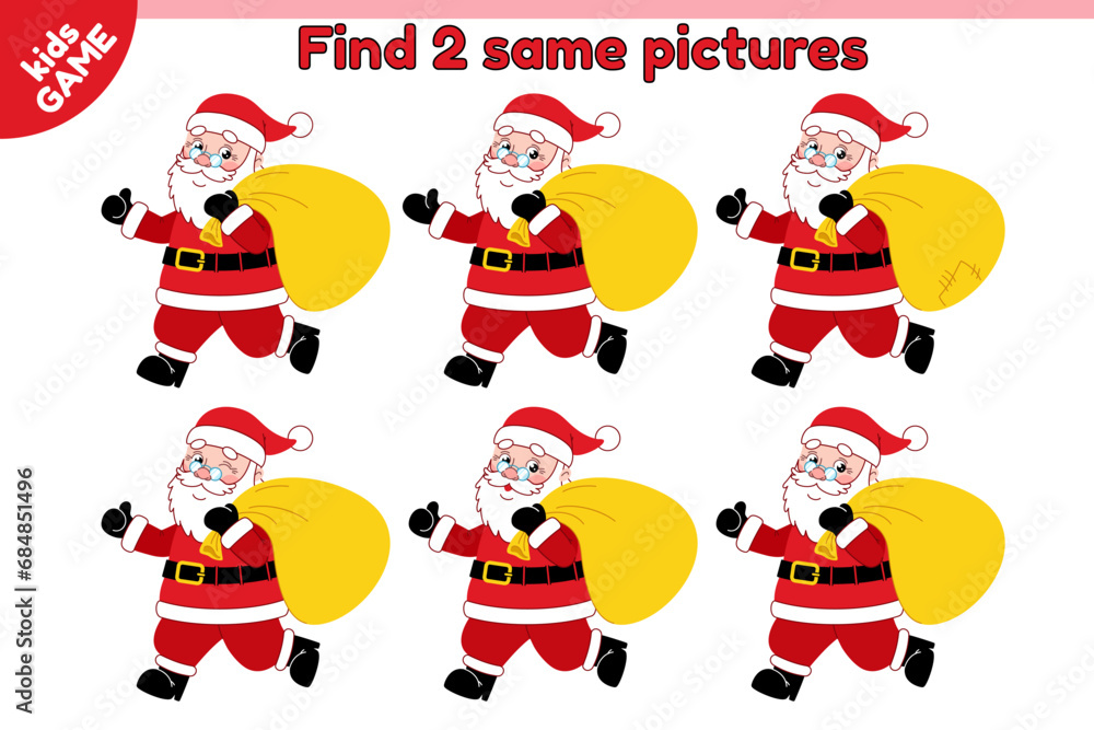 Educational kids game. Find 2 same picture with Christmas Santa Claus running with a bag of gifts. Puzzle for school education children. Holiday New Year activity book. Flat vector cartoon character.