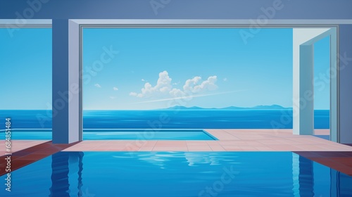 Empty beach front room with indoor pool, surreal perspective architecture simplicity - calm ocean blue sky view - minimalist freedom. © SoulMyst