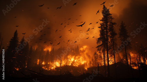 Leinwand Poster forest on fire, birds escaping from the fire