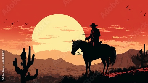 isotype icon illustration of cowboy on a horse in the desert  comic book art