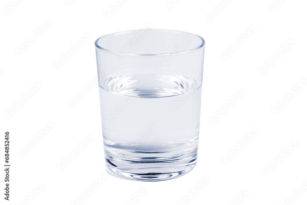 A simple glass half full of fresh crystal clear mineral water, object isolated on white background, cut out, front view. Hydration, drinking water daily intake abstract concept, nobody A simple glass half full of fresh crystal clear mineral water, object isolated on white background, cut out, front view. Hydration, drinking water daily intake abstract concept, nobody