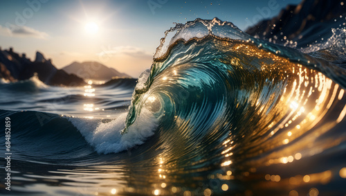 sunset over the sea, A wave is breaking in the ocean with the sun shining , eaking wave, Ocean surf, Sunlit seascape, 