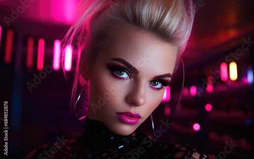 Wallpaper Mural Bombshell blonde high sleek shiny wet look ponytail hair in shiny black clubbing dress, intense look false eyelashes, neon lights Torontodigital.ca