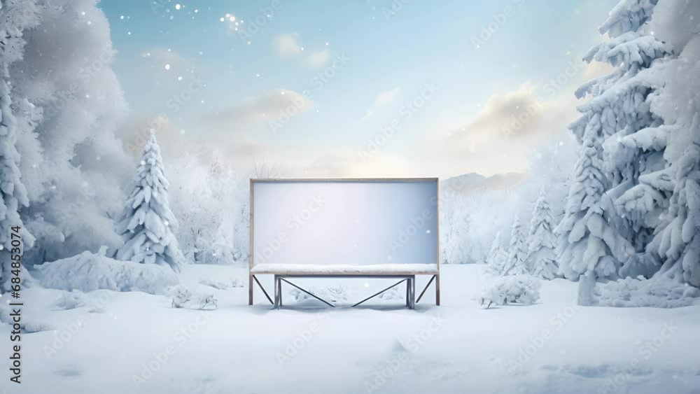 In this variant, the focus is on the winter wonderland aspect of the scene. The billboard stand in the center, surrounded by a dreamy, defocused snowy scenery. This In this variant, the focus is on the winter wonderland aspect of the scene. The billboard stand in the center, surrounded by a dreamy, defocused snowy scenery. This