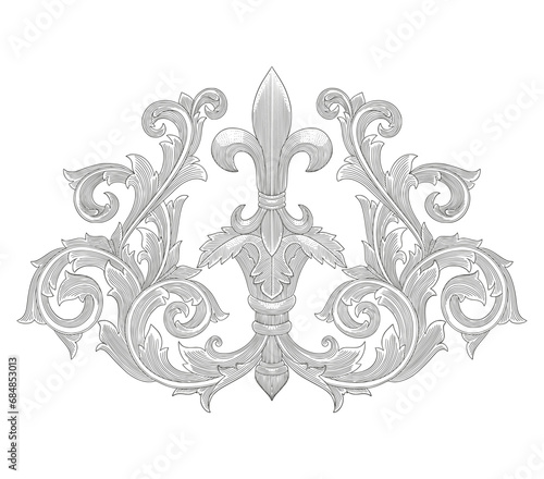 Fleur de lis and ornament floral scroll, Vintage engraving style drawing illustration
