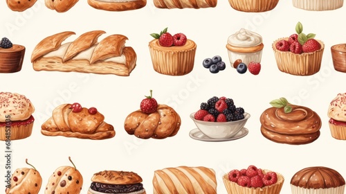 Delicious Bakery Items and Pastries in Watercolor Style Seamless Pattern AI Generated