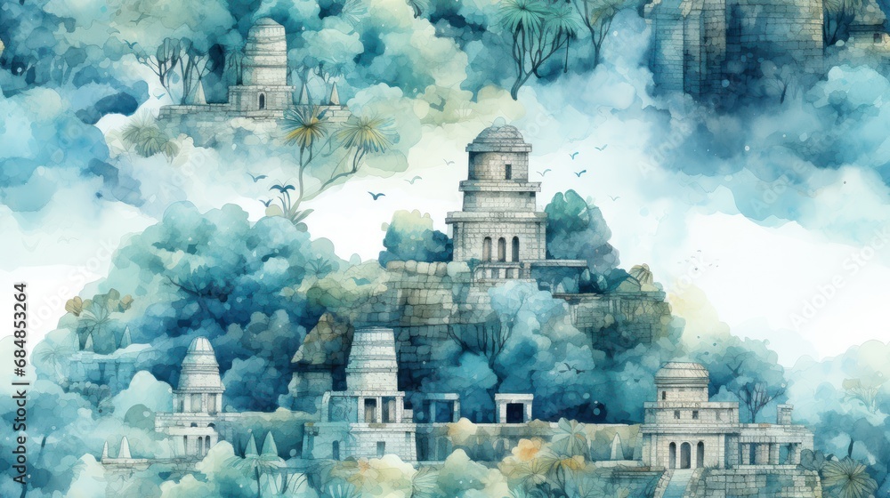 Ancient Ruins and Temples: Handpainted Watercolor Seamless Pattern AI Generated