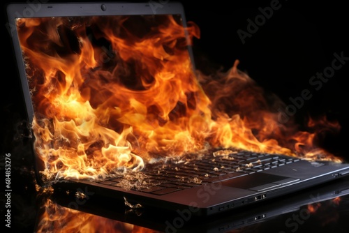 Dramatic Laptop on Fire with Thick Dark Grey Smoke - Realistic and Striking Image