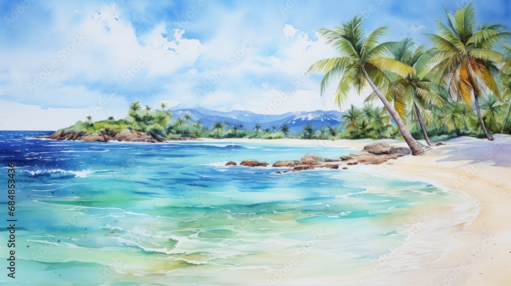 Vibrant Watercolor Tropical Beach with Crystal Clear Water and White Sand AI Generated