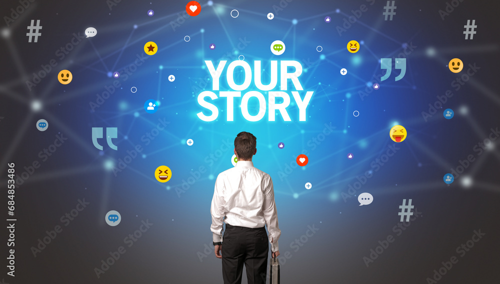 Rear view of a businessman, social media concept Rear view of a businessman, social media concept