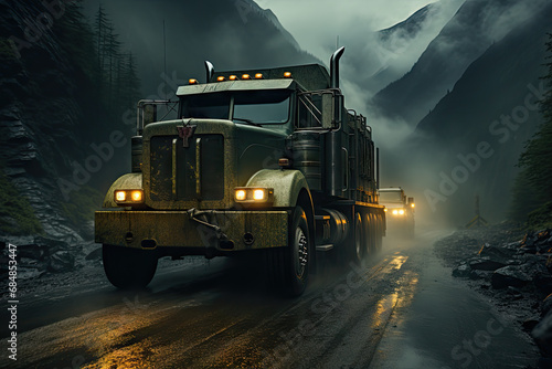 A large semi truck driving down a mountain road created with generative AI technology