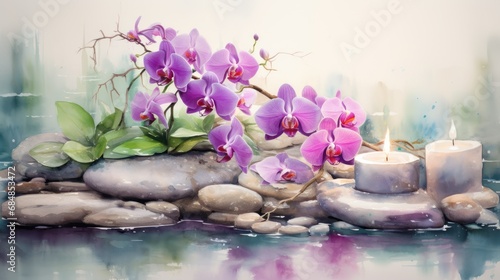 Tranquil Watercolor Zen Spa with Candles  Stones  and Orchids AI Generated