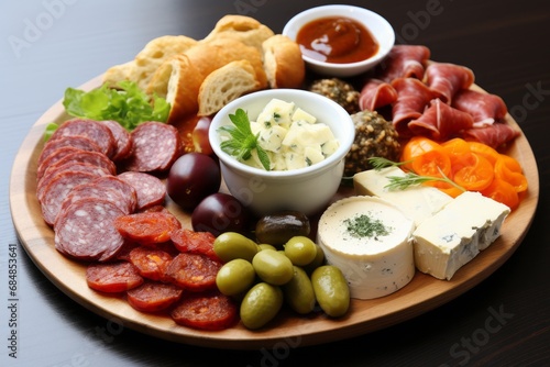 Gourmet Meat Sausages and Cheese Selection Plate with Antipasti. Delicacies and Flavors Galore
