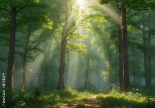 Summer Green dense forest, rays of sunlight seeping through the foliage