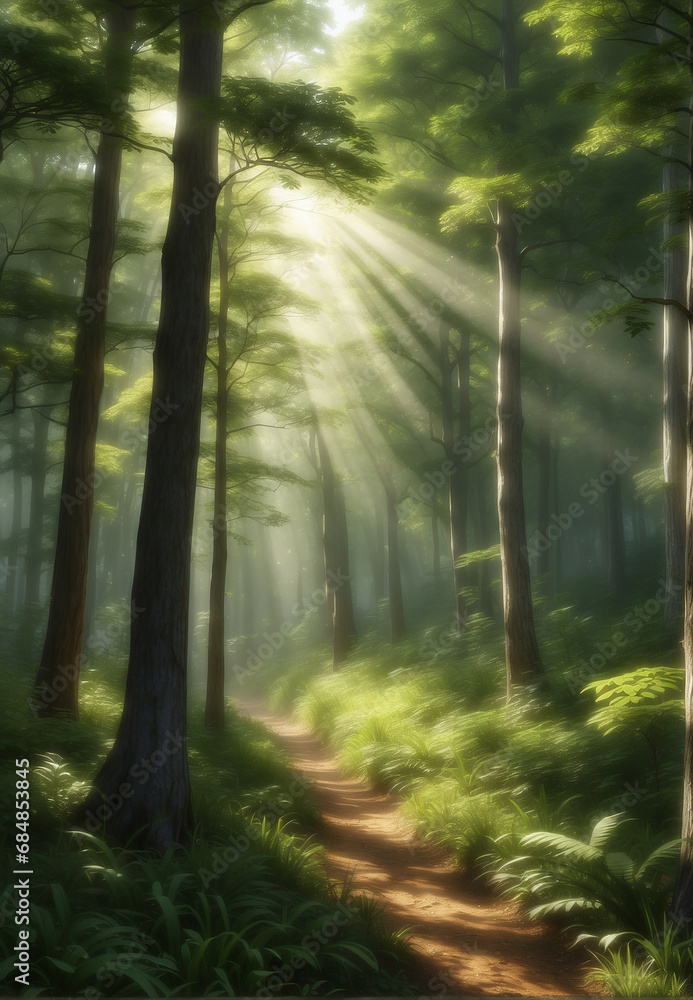 Summer Green dense forest, rays of sunlight seeping through the foliage