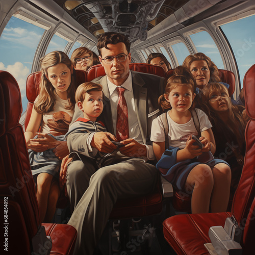 Happy family traveling by airplane. Mother, father and children on the plane.