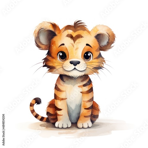 Cute cartoon tiger isolated on white background. Watercolor illustration. Generative AI