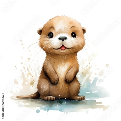 Cute otter. Watercolor hand drawn illustration on white background Generative AI