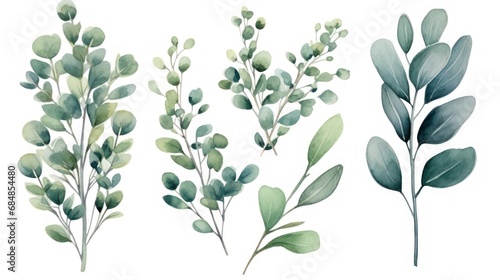 Watercolor set of eucalyptus branches and leaves. Generative AI photo