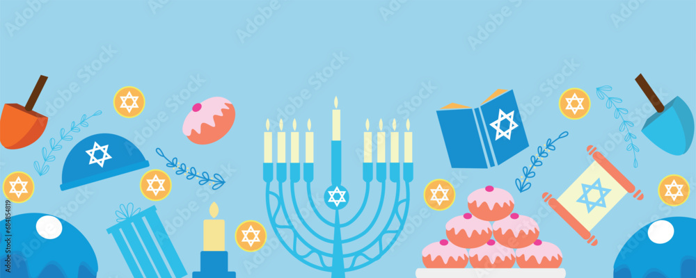 Pattern for design with symbols of Hanukkah on blue background