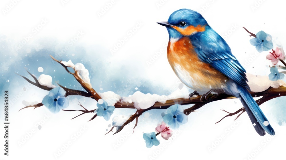 Watercolor illustration of a bluebird on a branch with flowers. Generative AI