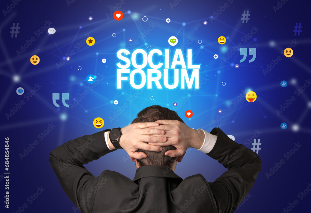Rear view of a businessman, social media concept Rear view of a businessman, social media concept