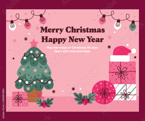 Merry Christmas and Happy New Year, greeting cards, posters, holiday covers. Colorful modern Christmas design, green, red, yellow and white. Christmas tree, balls, spruce branches, gift elements. © CreatiStar