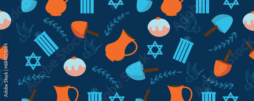 Pattern for design with symbols of Hanukkah on dark blue background