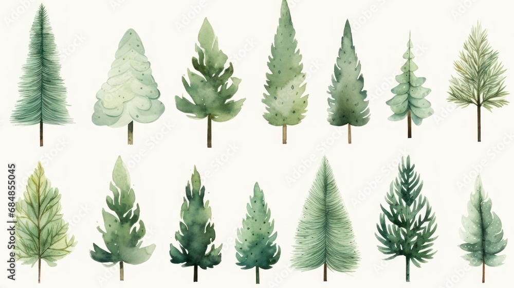 Watercolor set of pine trees. Hand drawn illustration isolated on white background. Generative AI