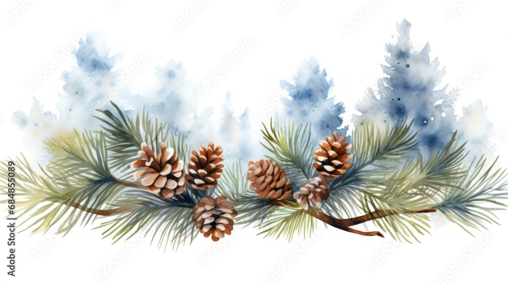 Watercolor christmas background with pine branches and cones. illustration. Generative AI