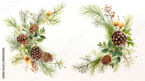 Watercolor Christmas wreath with pine cones and branches. Hand drawn illustration Generative AI