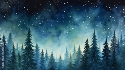 Winter forest with snowflakes and fir trees. Watercolor illustration. Generative AI