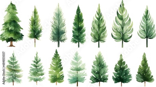 Watercolor set of pine trees isolated on white background. illustration. Generative AI