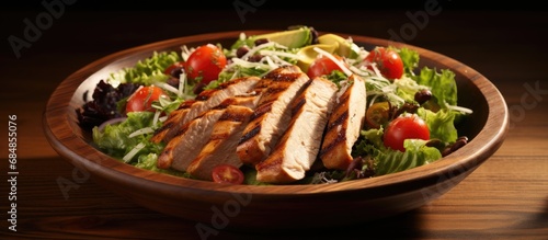 Grilled chicken salad with Caesar dressing and toppings