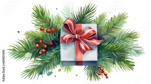 Watercolor Christmas illustration with fir tree branches  berries and gift box. Generative AI