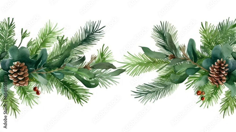 Watercolor Christmas seamless pattern with fir branches, pine cones, holly berries, eucalyptus. Generative AI