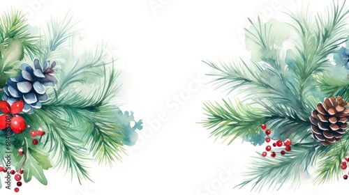 Watercolor Christmas seamless pattern with fir branches  pine cones and berries. Generative AI