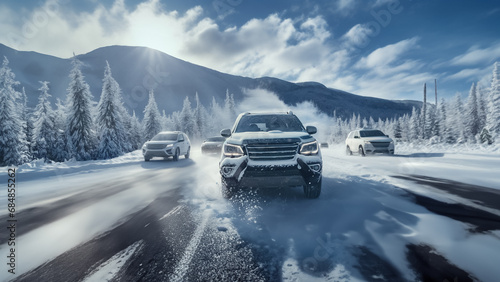 Winter Escapade: 4x4 SUVs tackling treacherous snowy mountain roads © wonder