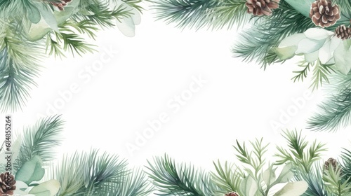 Watercolor Christmas card with fir branches, pine cones and holly berries. Generative AI