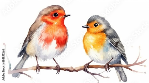 Two robins on a branch. Watercolor illustration isolated on white background Generative AI © Alex