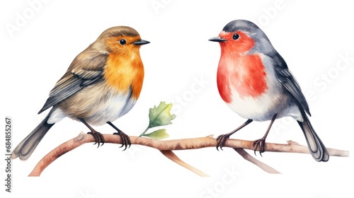 Watercolor robin bird on branch. Hand painted illustration isolated on white background Generative AI