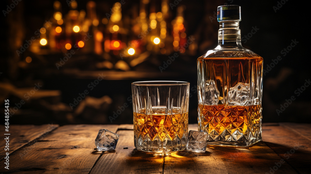 glass of whiskey with ice on a wooden table glass of whiskey with ice on a wooden table
