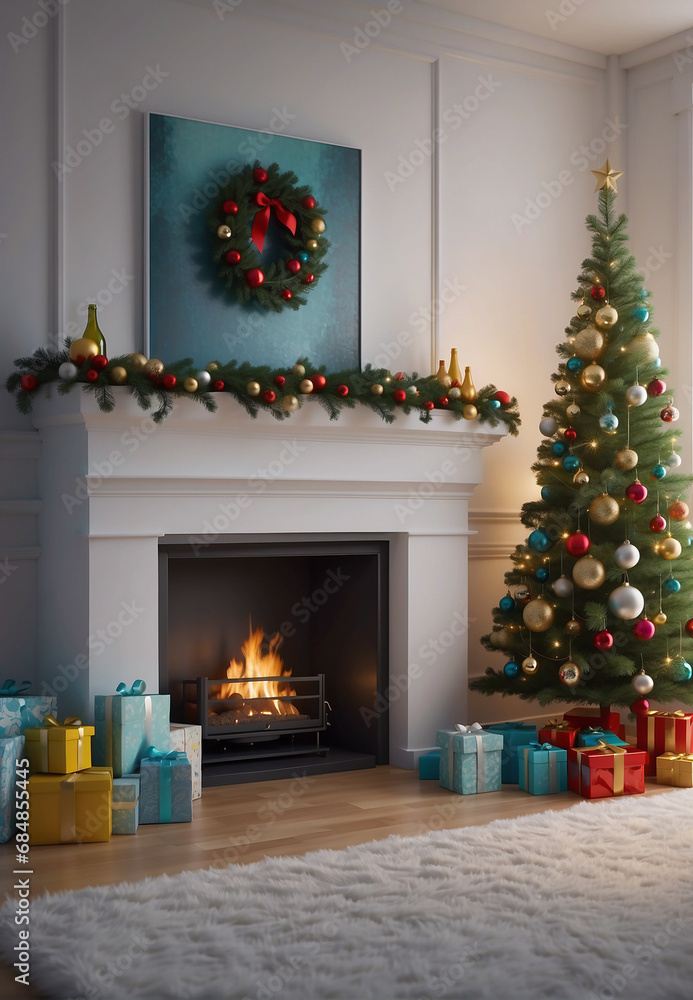 Christmas mood, room decorated for the holiday, Christmas tree, fireplace, gifts, Christmas tree decorations Christmas mood, room decorated for the holiday, Christmas tree, fireplace, gifts, Christmas tree decorations