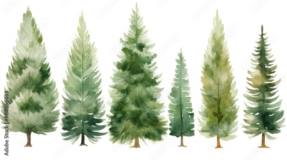 Watercolor pine trees set. Hand drawn illustration isolated on white background Generative AI