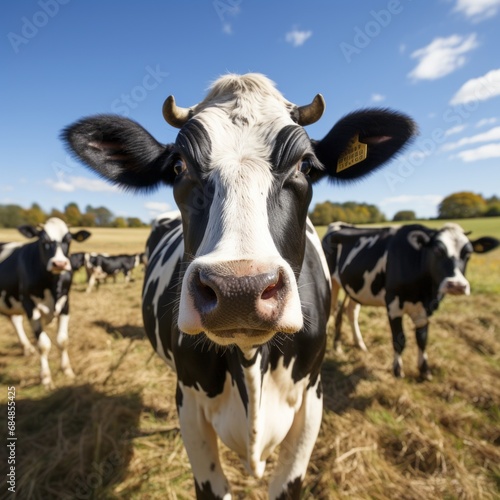 Tranquil ecological cow grazing in serene domestic farm with towering factory backdrop © Andrei