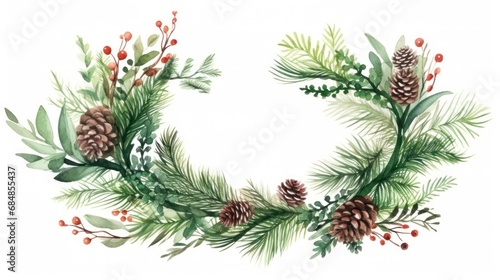 Watercolor Christmas wreath with fir branches, pine cones and berries. Hand painted illustration. Generative AI