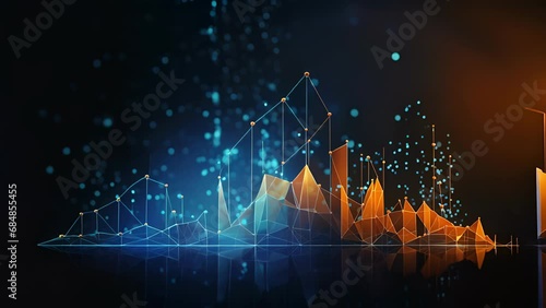 A low poly wireframe ilration showcasing the evergrowing and evolving nature of technology, symbolized by an upward facing arrow on a digital growth graph chart. photo