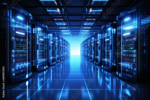 Visually captivating modern data center with state of the art server racks emitting a soft blue glow photo