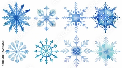 Set of watercolor snowflakes isolated on white background. illustration. Generative AI