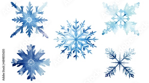 Watercolor snowflakes set on white background. illustration. Generative AI